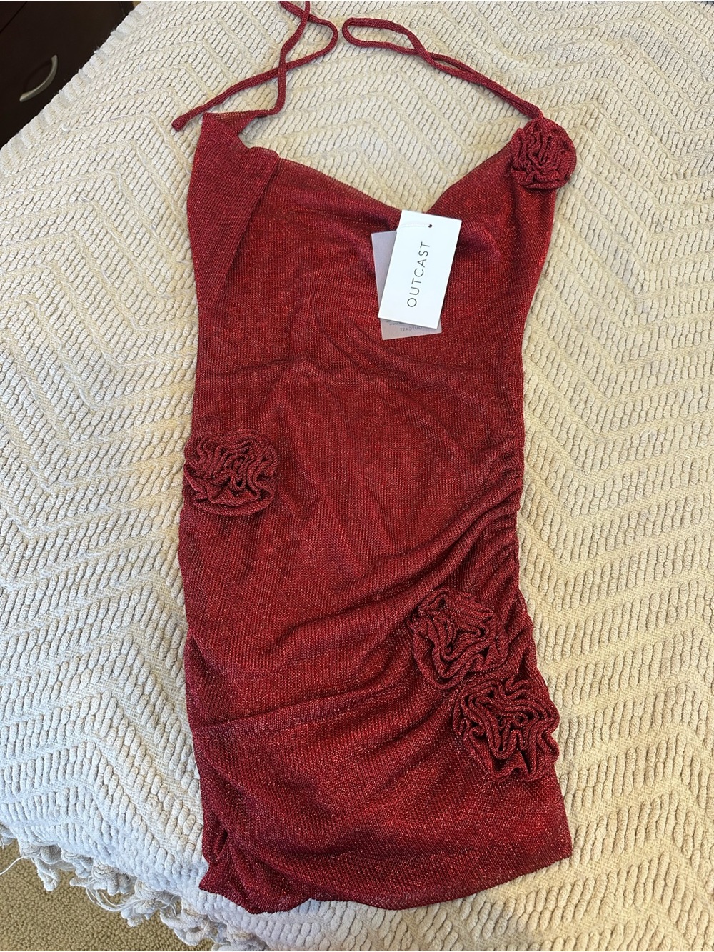 Outcast Red Halter Midi Dress with Floral Accents